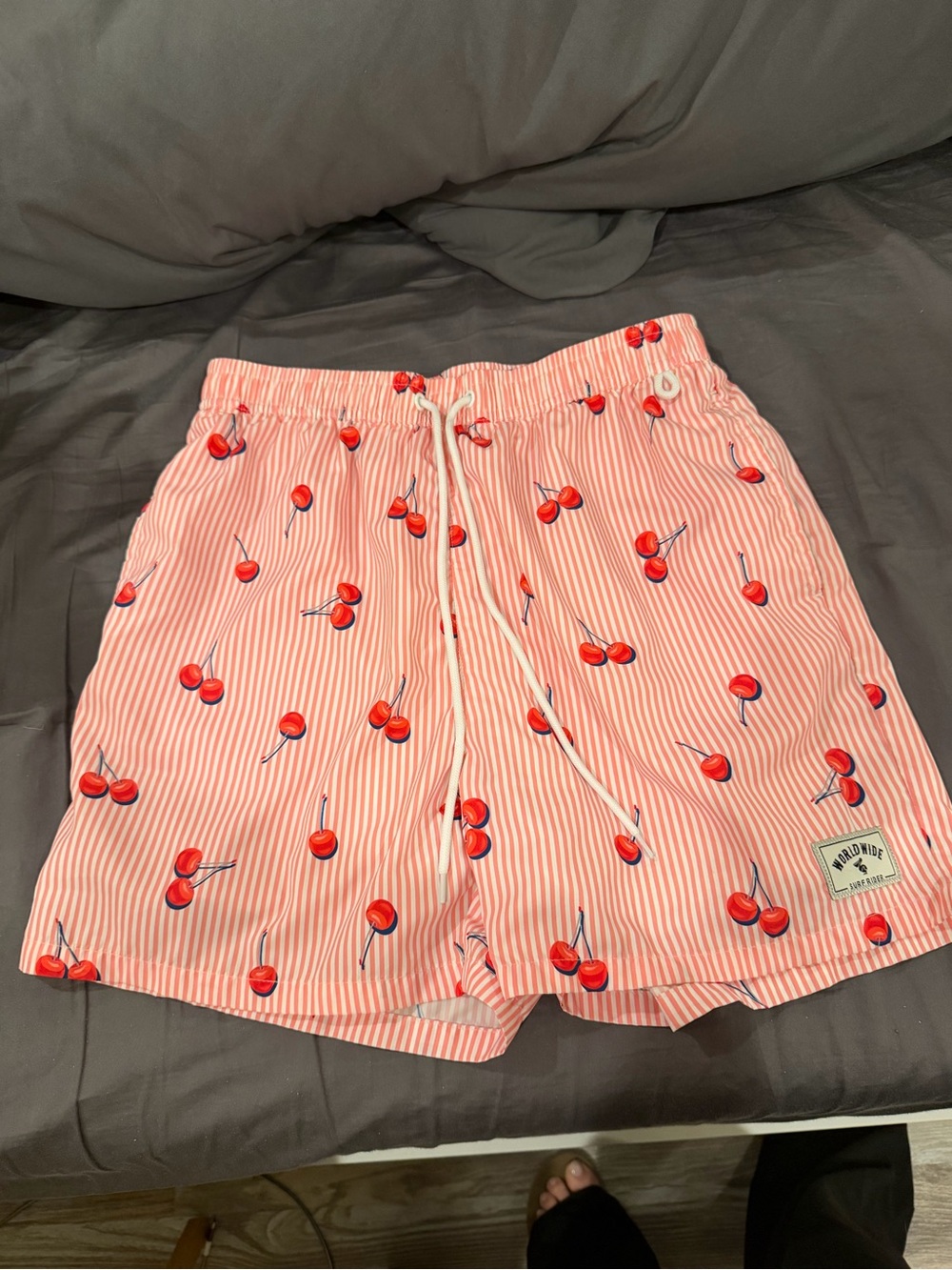 Men’s Cherry Print Pink Stripe Swim Shorts